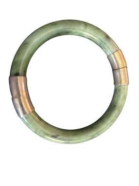 Vintage Chinese Nephrite Spinach Jade Hinged Bangle Bracelet with Gold Plated Cl